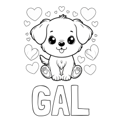 Pobarvanka imena GAL in pobarvanka ljubkega kužka obdanega s srčki