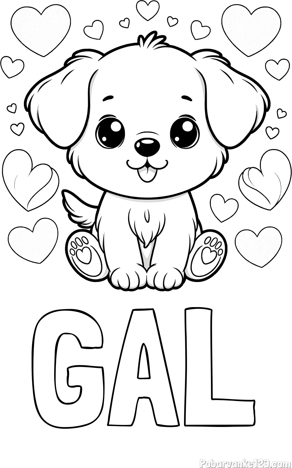 Pobarvanka imena GAL in pobarvanka ljubkega kužka obdanega s srčki