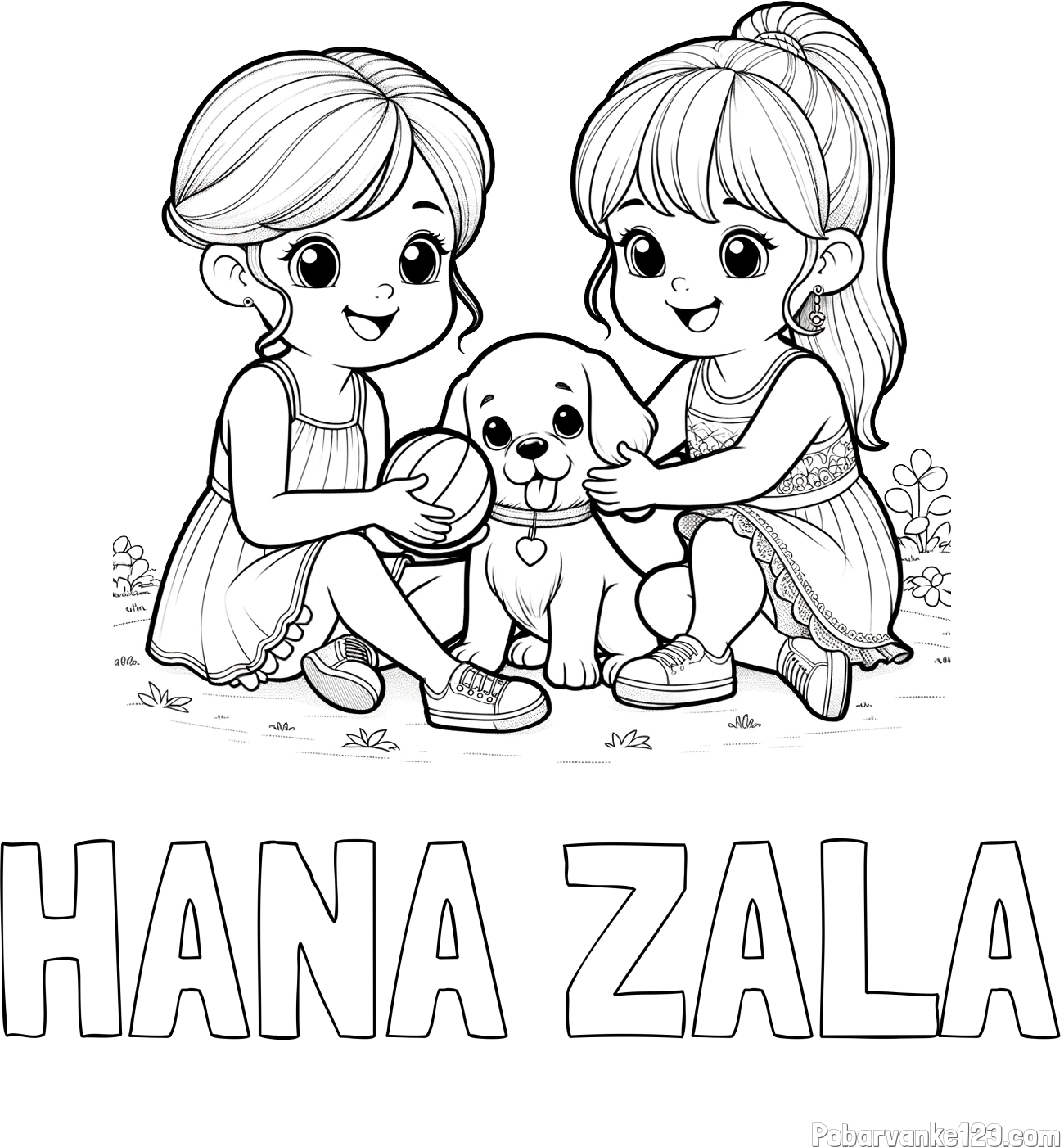 Pobarvanka imena HANA ZALA in pobarvanka prijateljic s kužkom