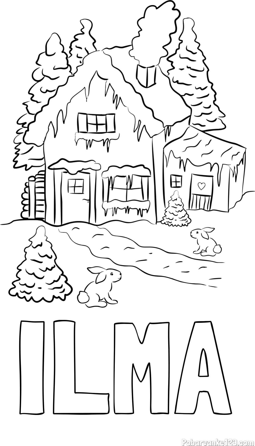 Pobarvanka imena ILMA in pobarvanka zasnežene hiše