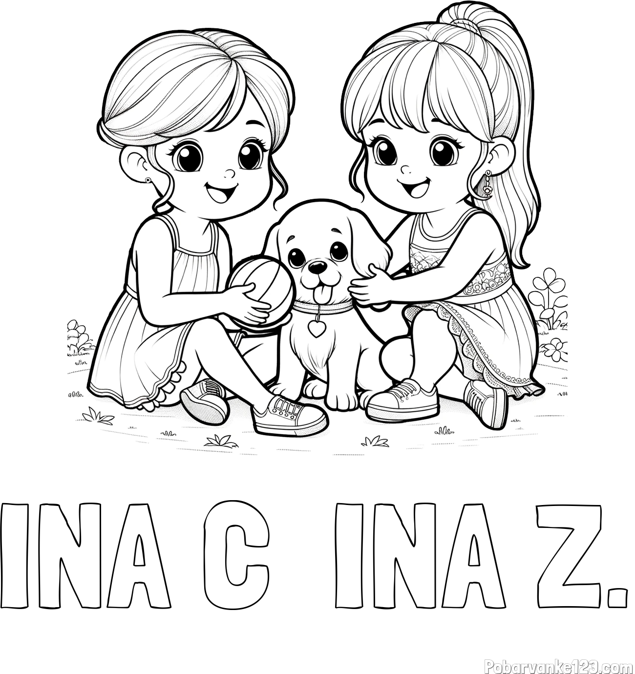 Pobarvanka imena INA C  INA Ž. in pobarvanka prijateljic s kužkom
