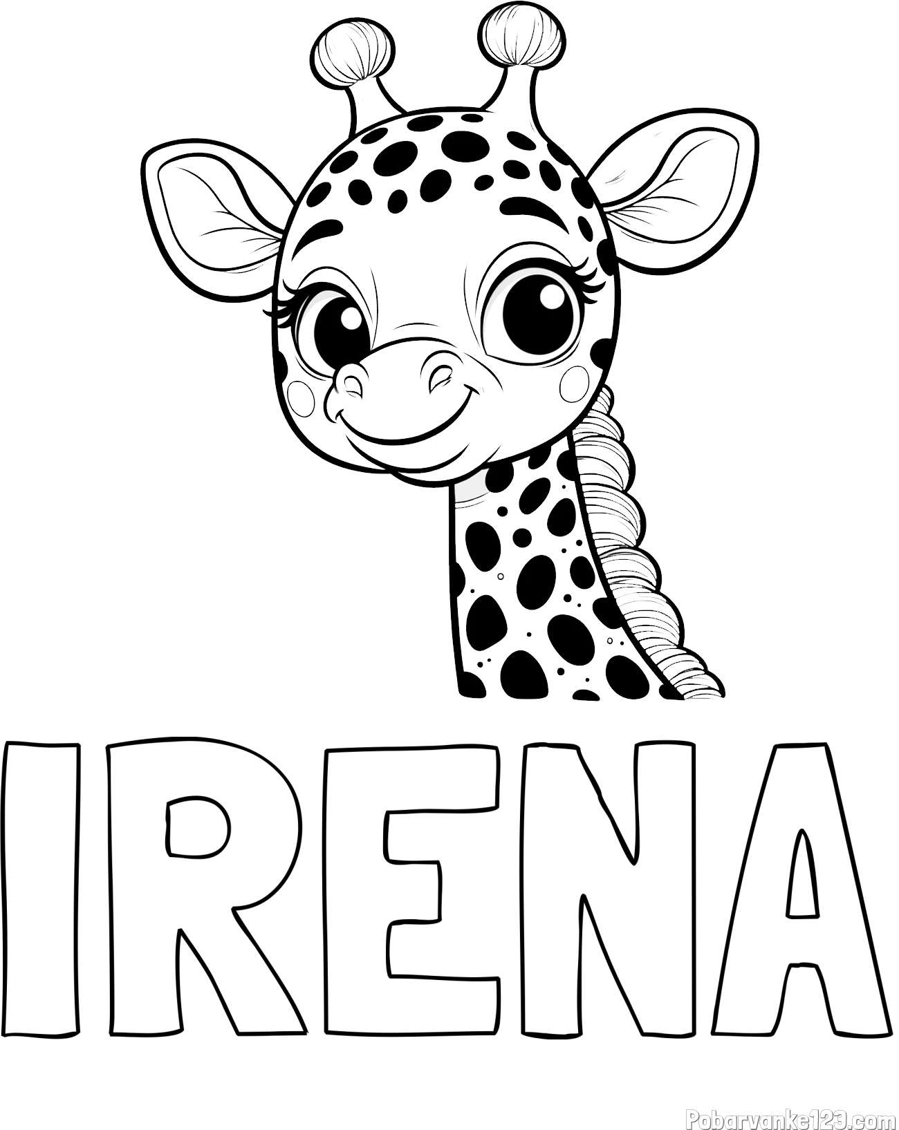 Pobarvanka imena IRENA in pobarvanka ljubke žirafe z velikimi očmi