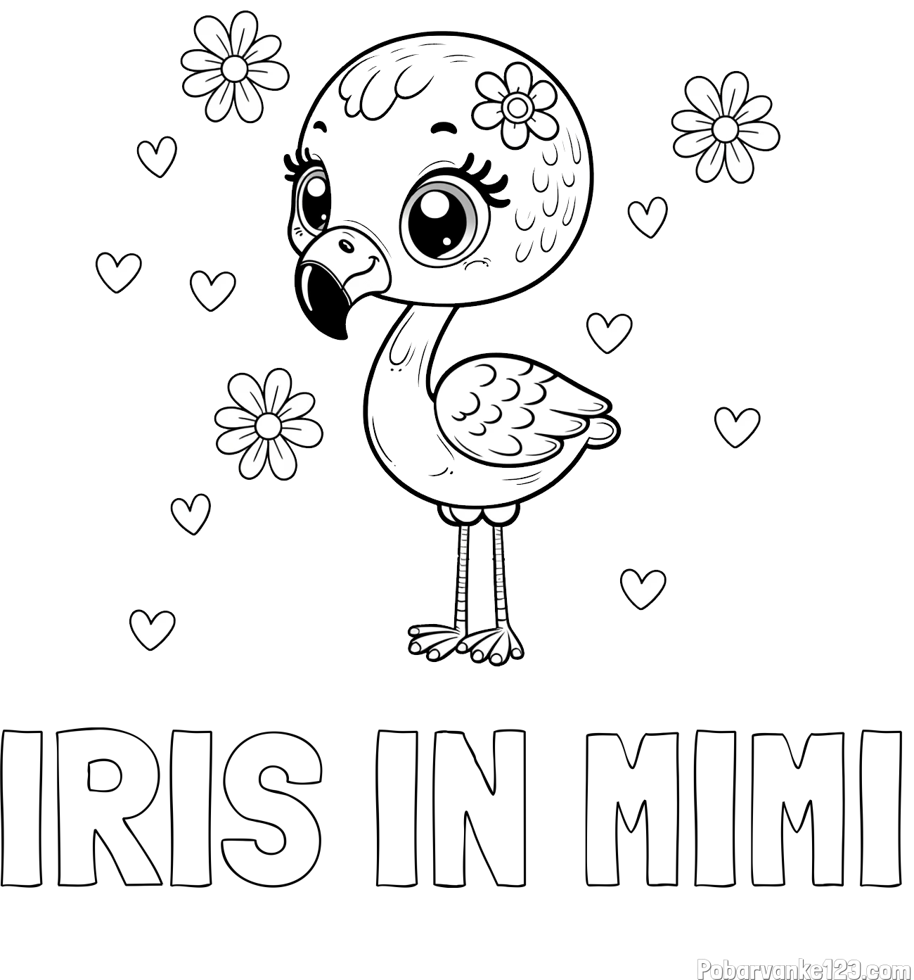 Pobarvanka imena IRIS IN MIMI in pobarvanka mladička flaminga z rožicami in srčki