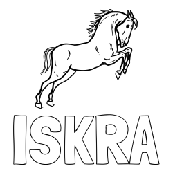 Online izdelana pobarvanka - Pobarvanka imena ISKRA in pobarvanka konja v skoku