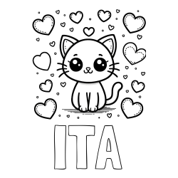 Online izdelana pobarvanka - Pobarvanka imena ITA in pobarvanka ljubke mucke obdane z veliko srčki