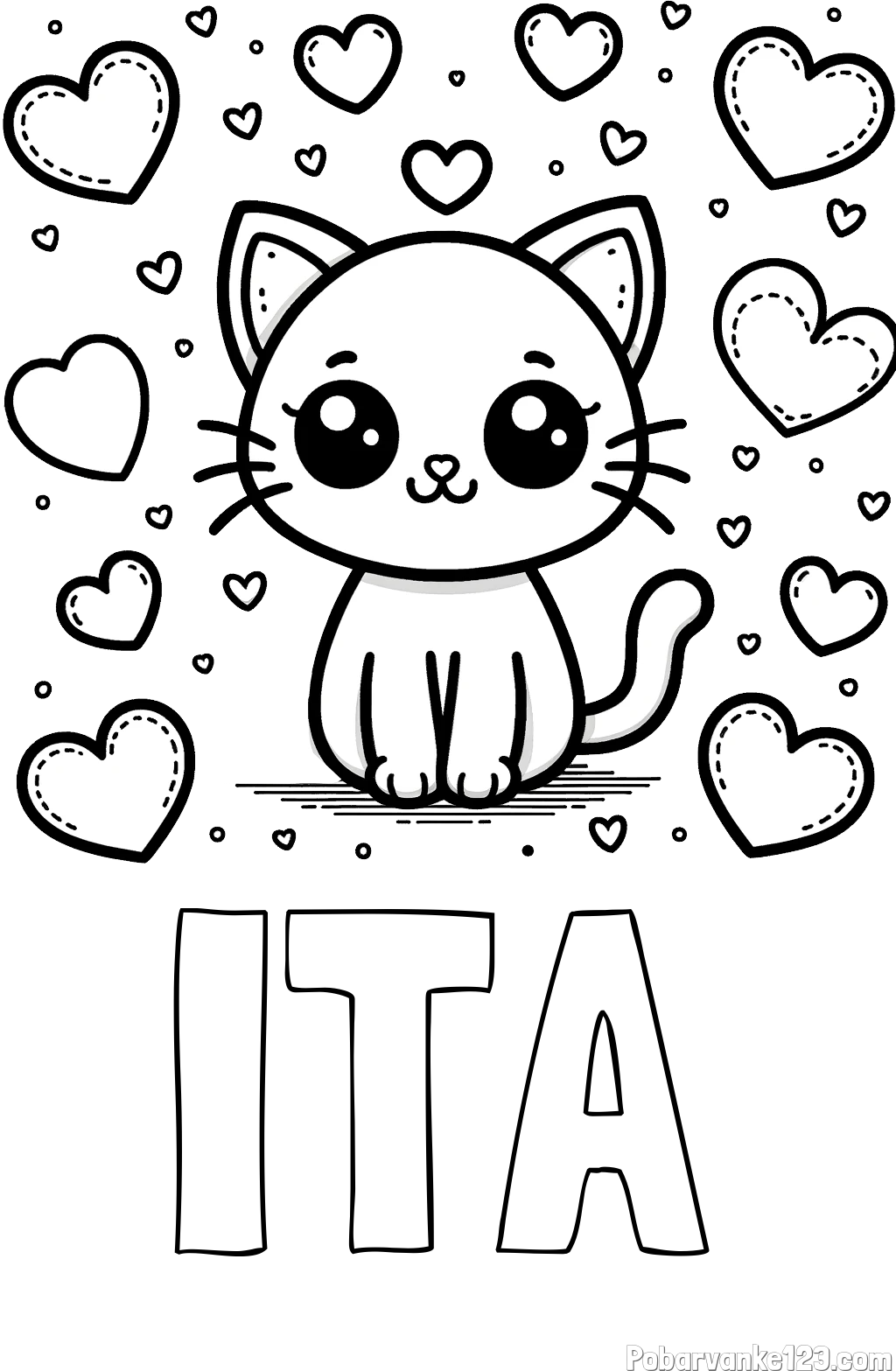 Pobarvanka imena ITA in pobarvanka ljubke mucke obdane z veliko srčki