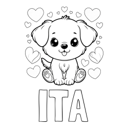 Online izdelana pobarvanka - Pobarvanka imena ITA in pobarvanka ljubkega kužka obdanega s srčki