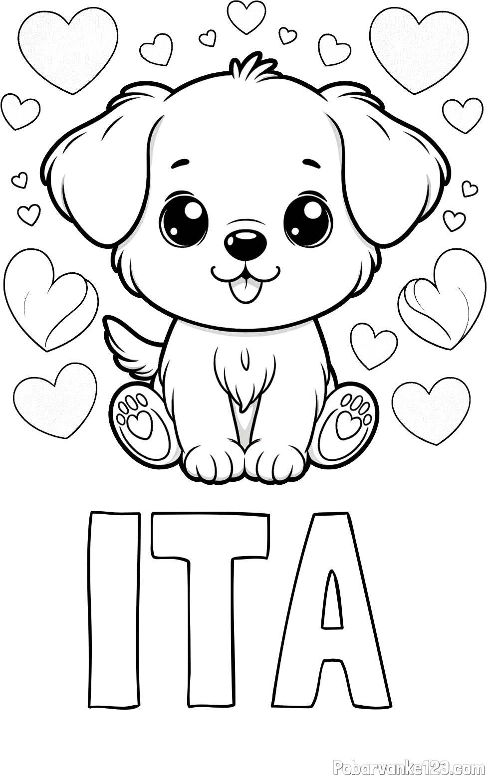 Pobarvanka imena ITA in pobarvanka ljubkega kužka obdanega s srčki