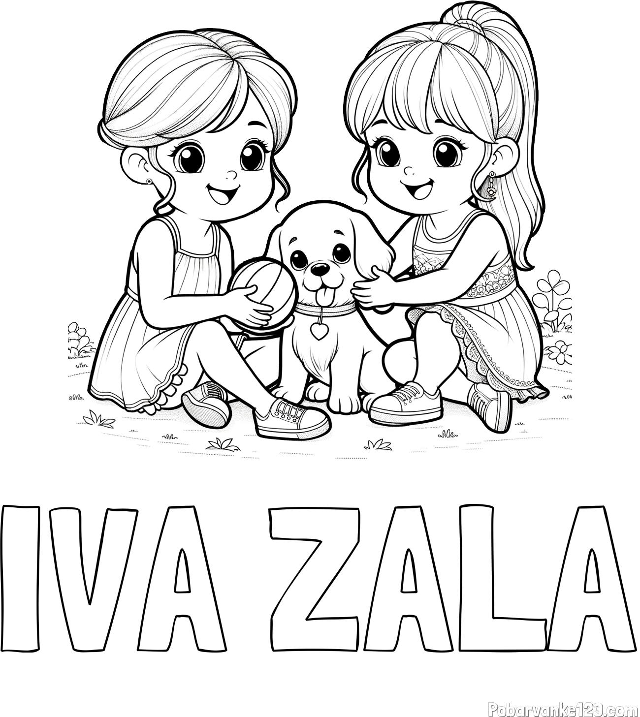 Pobarvanka imena IVA ZALA in pobarvanka prijateljic s kužkom