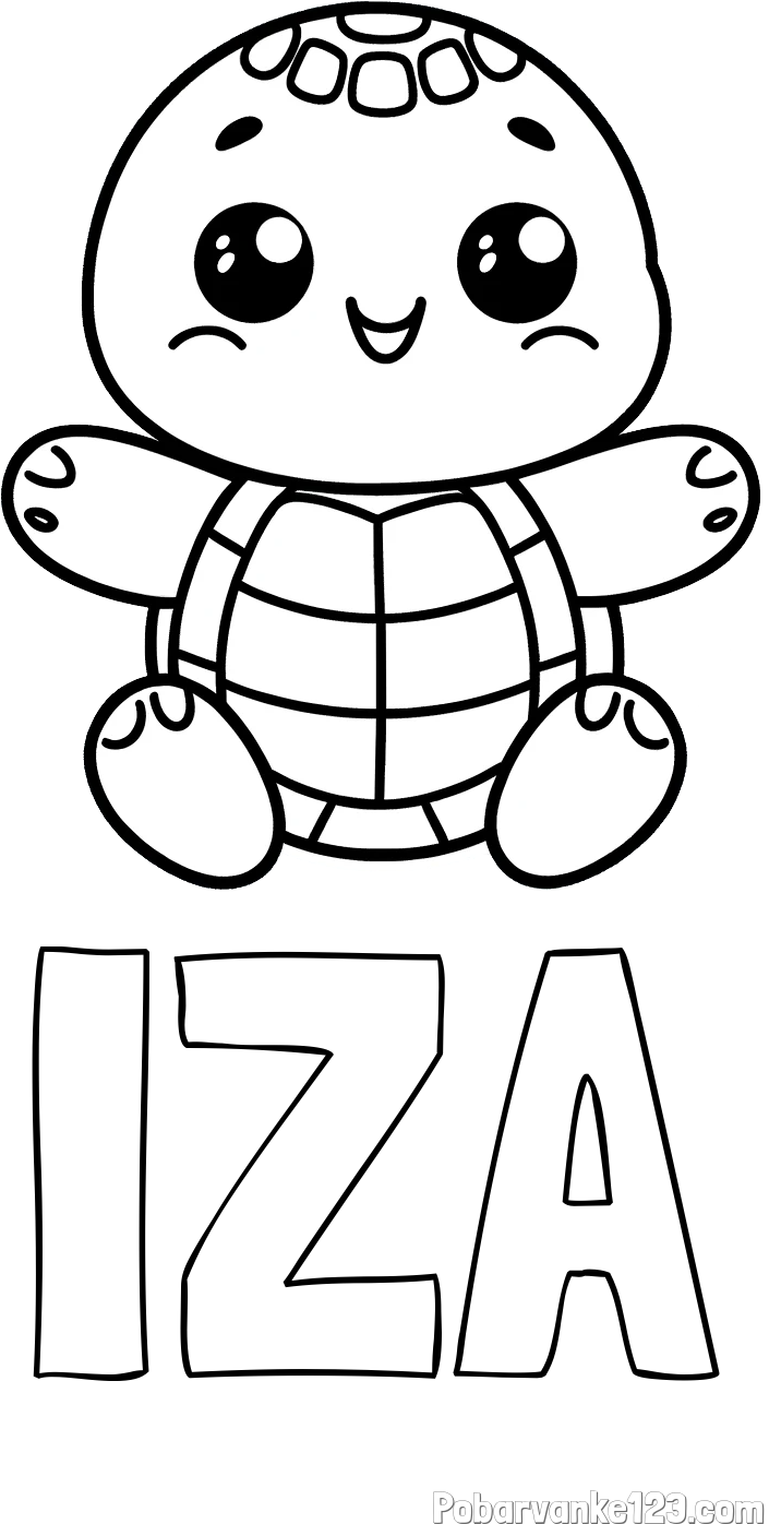 Pobarvanka imena IZA in otroška pobarvanka ljubke in nasmejane želvice