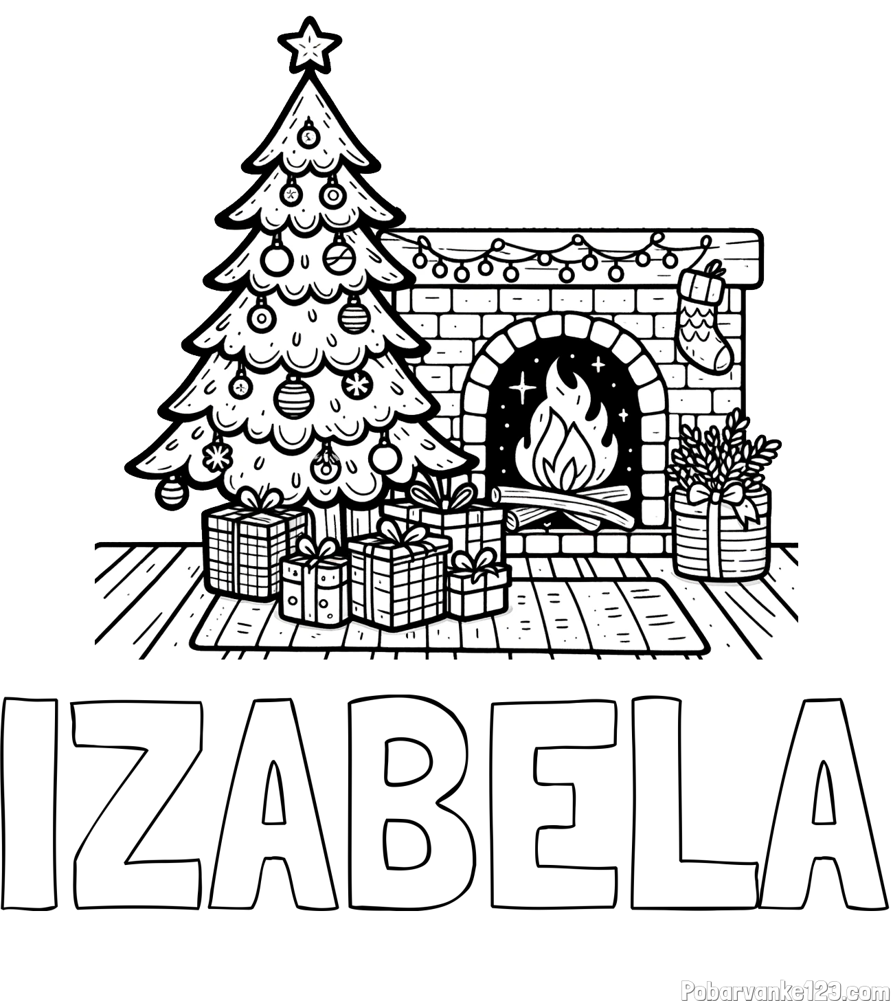 Pobarvanka imena IZABELA in pobarvanka božične noči z božično smrečico, darili ter kaminom