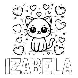 Online izdelana pobarvanka - Pobarvanka imena IZABELA in pobarvanka ljubke mucke obdane z veliko srčki