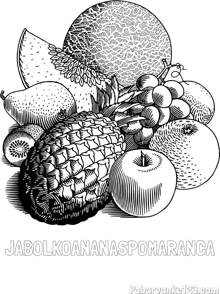Pobarvanka imena JABOLKOANANASPOMARANČA in pobarvanka sadja (ananas, melona, jabolka, kivi, grozdje, pomaranča...)