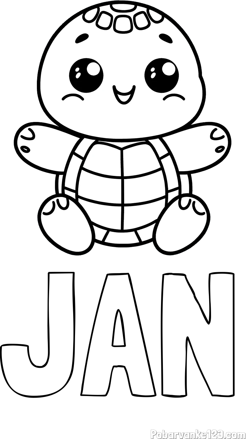 Pobarvanka imena JAN in otroška pobarvanka ljubke in nasmejane želvice