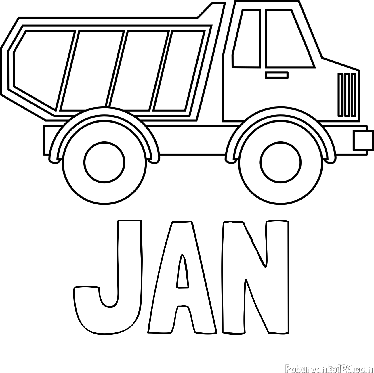 Pobarvanka imena JAN in otroška pobarvanka tovornjaka za prevoz smeti in drugega tovora