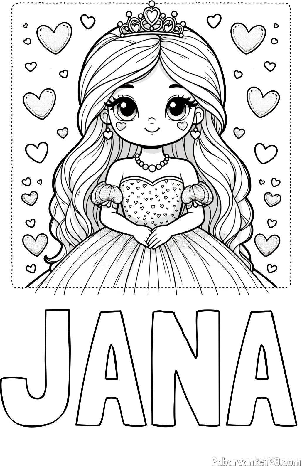 Pobarvanka imena JANA in pobarvanka ljubke princese obdane s srčki