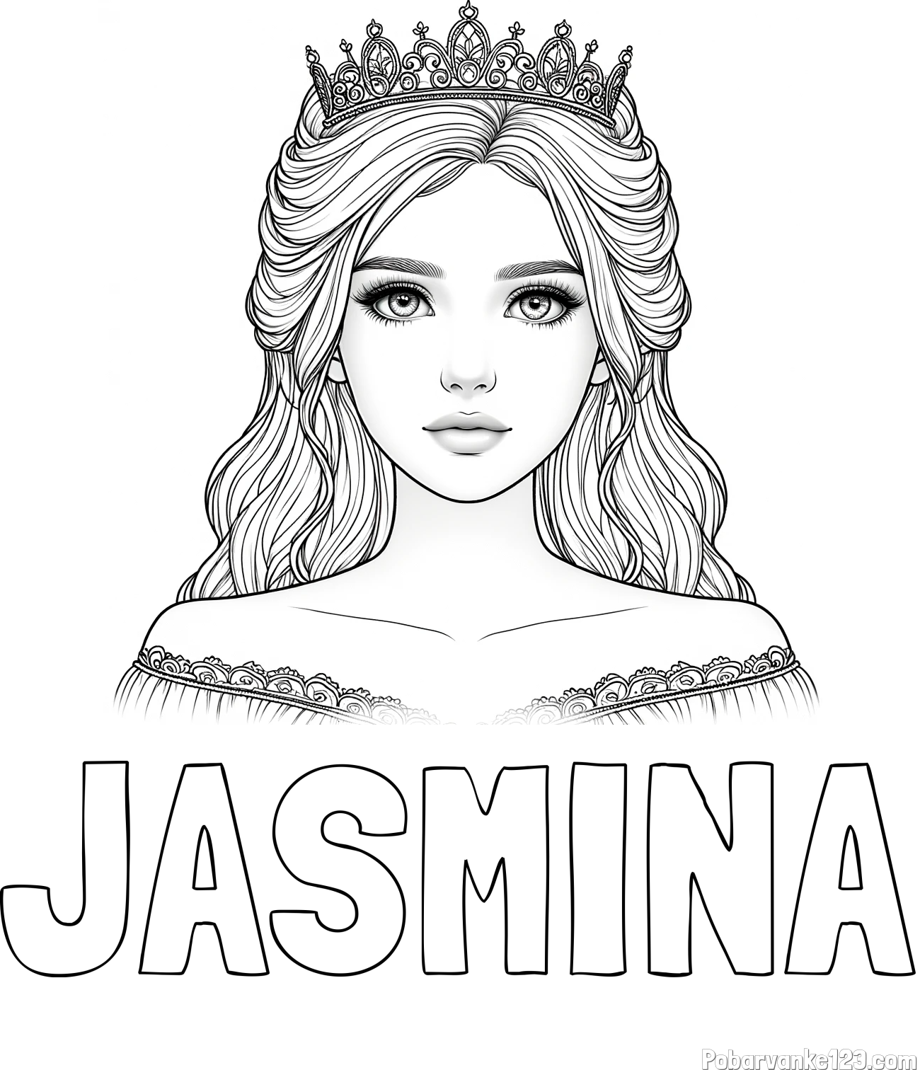 Pobarvanka imena JASMINA in pobarvanka prikupne princeske s čudovitimi očmi