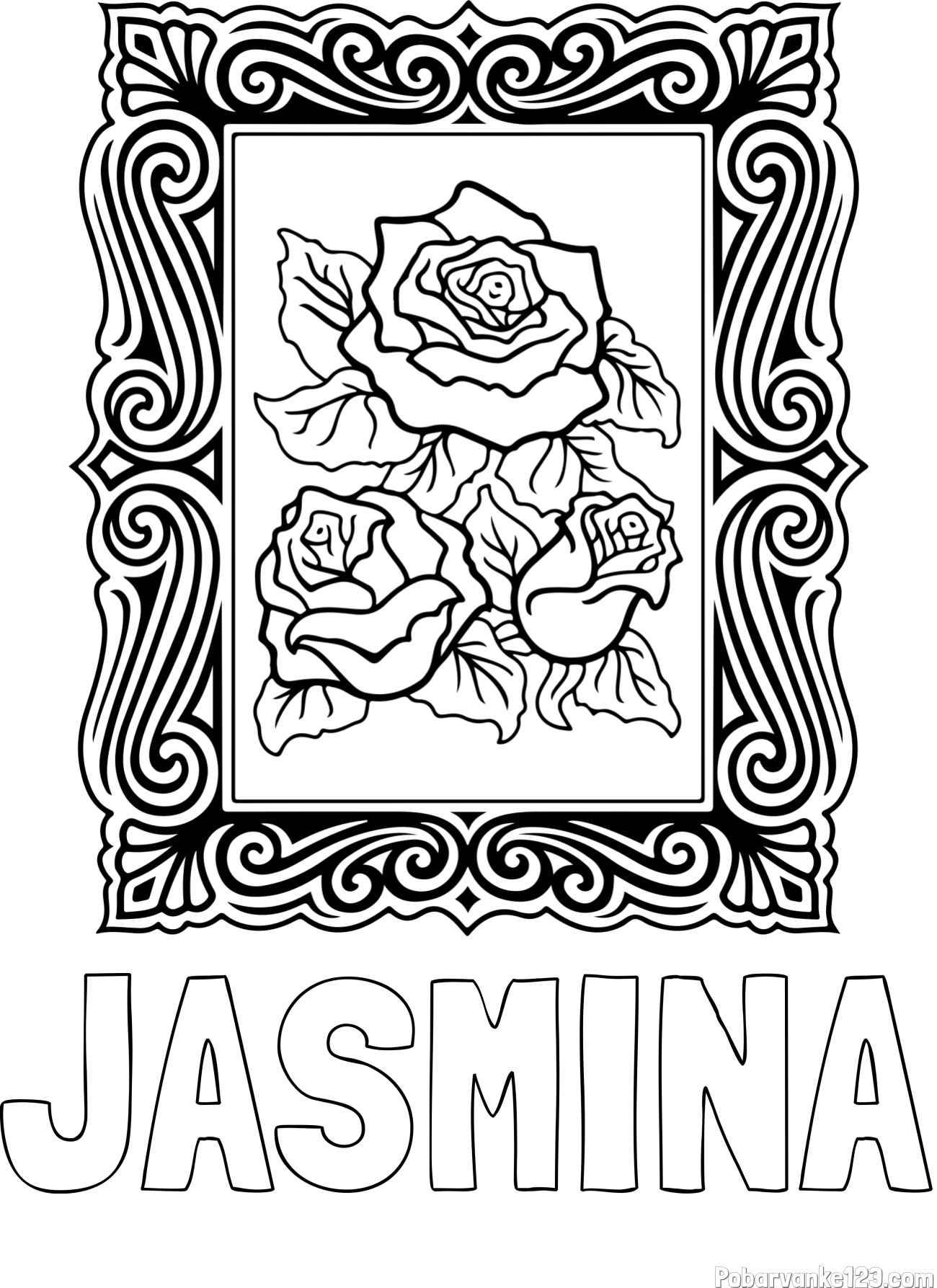Pobarvanka imena JASMINA in pobarvanka  uokvirjene slike vrtnic