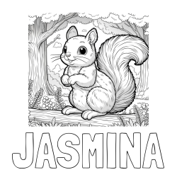Online izdelana pobarvanka - Pobarvanka imena JASMINA in pobarvanka veverice v gozdu