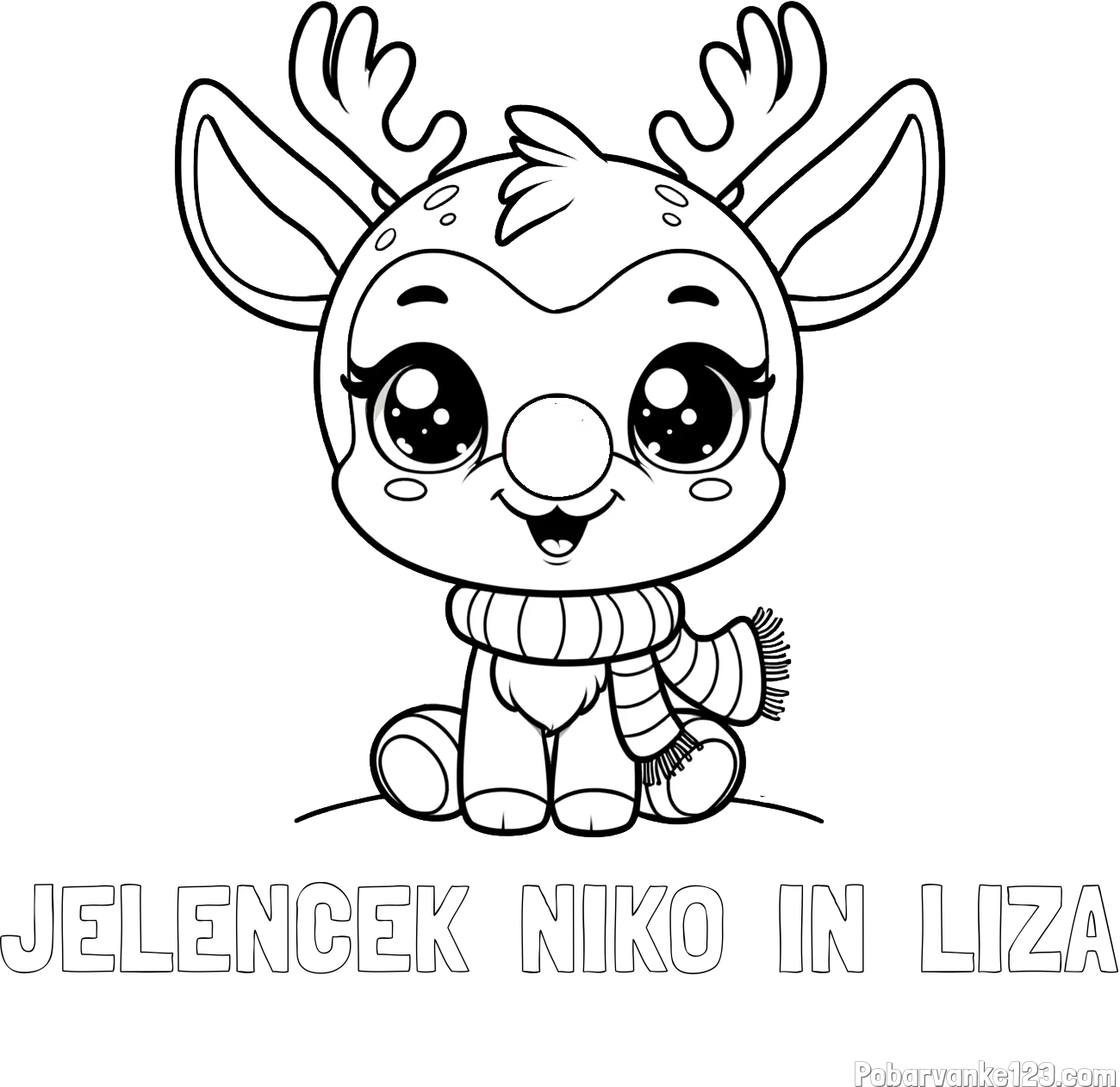 Pobarvanka imena JELENCEK  NIKO  IN  LIZA in otroška pobarvanka jelenčka Rudolfa s šalom okoli vratu