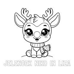 Online izdelana pobarvanka - Pobarvanka imena JELENCEK  NIKO  IN  LIZA in otroška pobarvanka jelenčka Rudolfa s šalom okoli vratu
