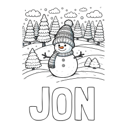 Online izdelana pobarvanka - Pobarvanka imena JON in pobarvanka snežaka v naravi obdanega z zasneženimi smrekami