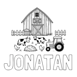 Online izdelana pobarvanka - Pobarvanka imena JONATAN in otroška pobarvanka velikega senika, krav in traktorja