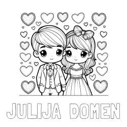 Online izdelana pobarvanka - Pobarvanka imena JULIJA  DOMEN in pobarvanka dveh zaljubljencev s srčki