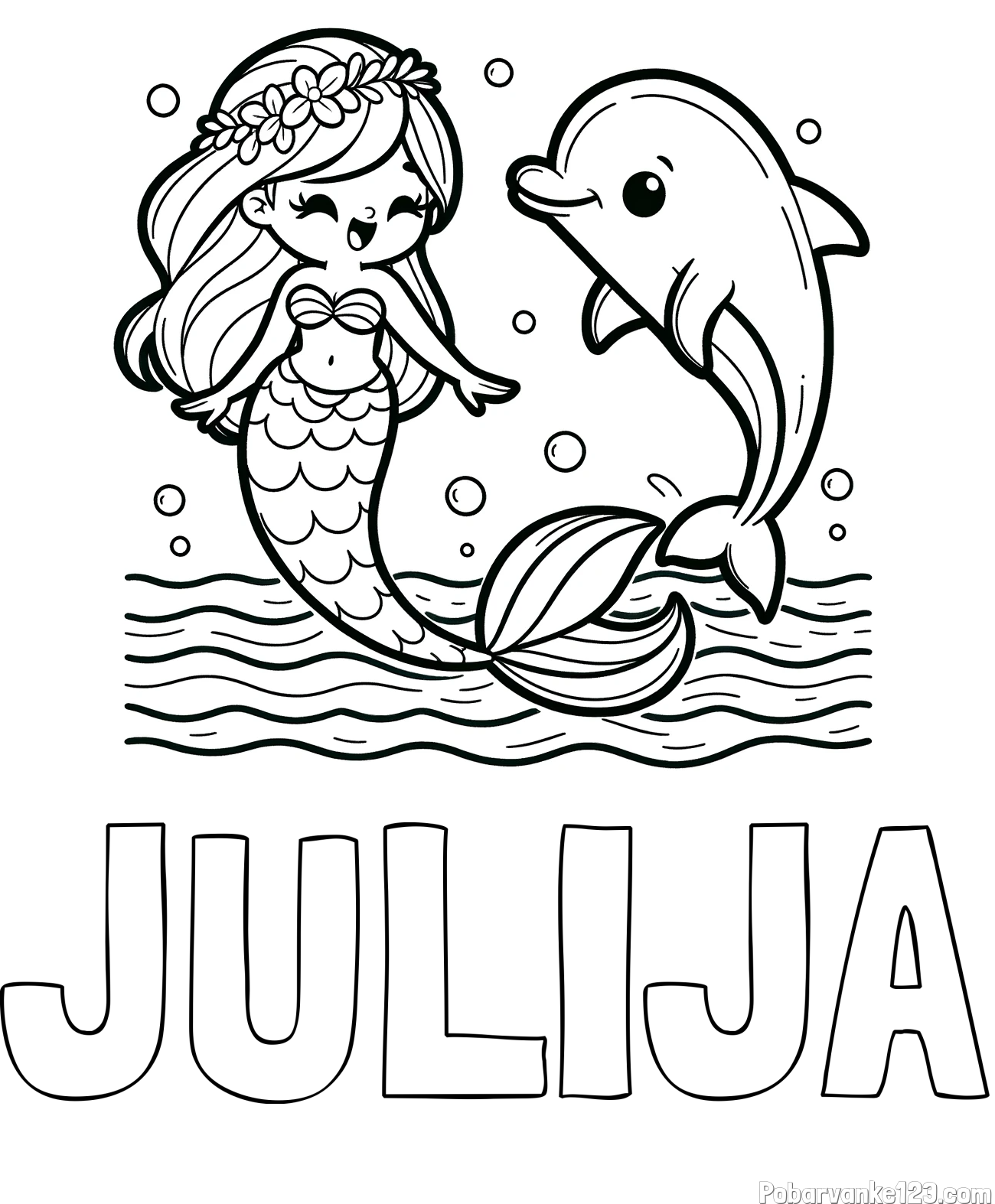 Pobarvanka imena JULIJA in pobarvanka ljubke morske deklice, ki pleše z delfinom