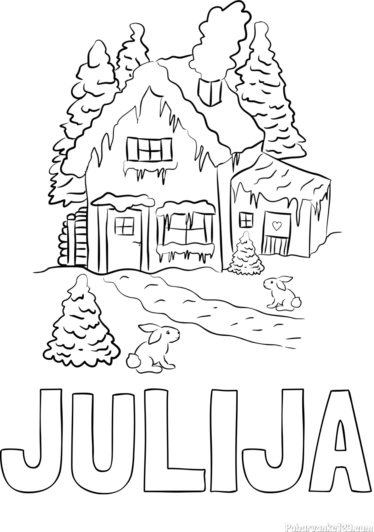 Pobarvanka imena JULIJA in pobarvanka zasnežene hiše