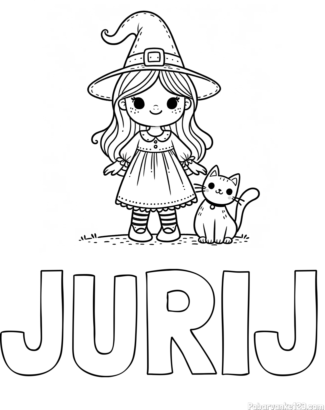 Pobarvanka imena JURIJ in Čudovita pobarvanka ljubke čarovnice in nasmejane mačke