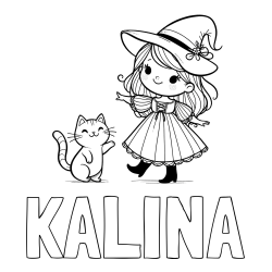 Online izdelana pobarvanka - Pobarvanka imena KALINA in pobarvanka ljubke čarovnice ter podrednega mačka