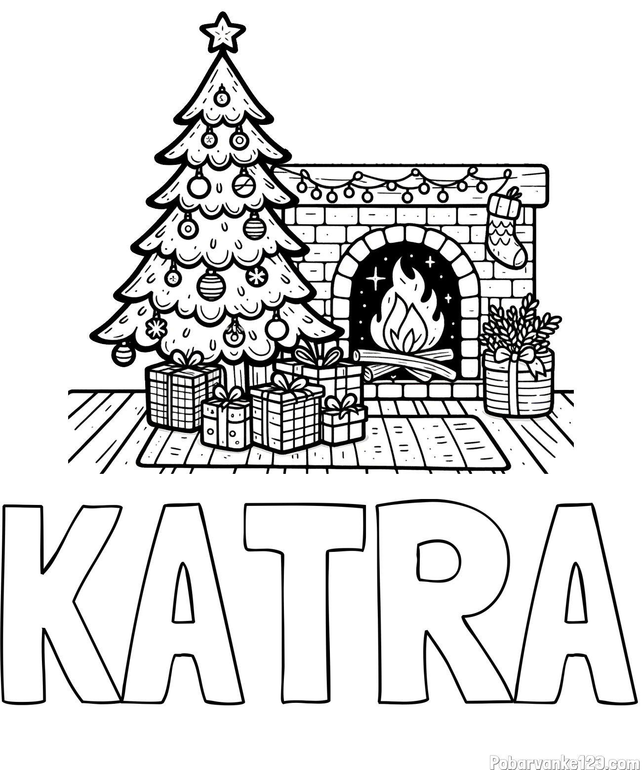 Pobarvanka imena KATRA in pobarvanka božične noči z božično smrečico, darili ter kaminom