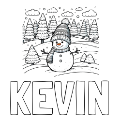 Online izdelana pobarvanka - Pobarvanka imena KEVIN in pobarvanka snežaka v naravi obdanega z zasneženimi smrekami
