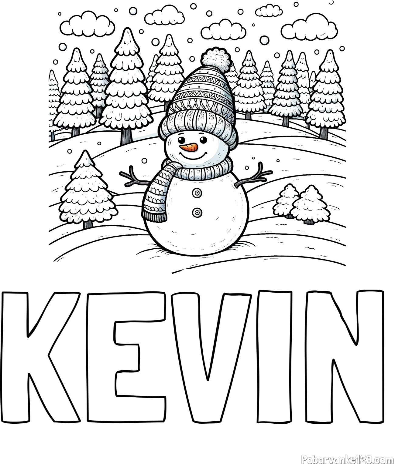 Pobarvanka imena KEVIN in pobarvanka snežaka v naravi obdanega z zasneženimi smrekami
