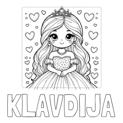 Online izdelana pobarvanka - Pobarvanka imena KLAVDIJA in pobarvanka ljubke princese obdane s srčki