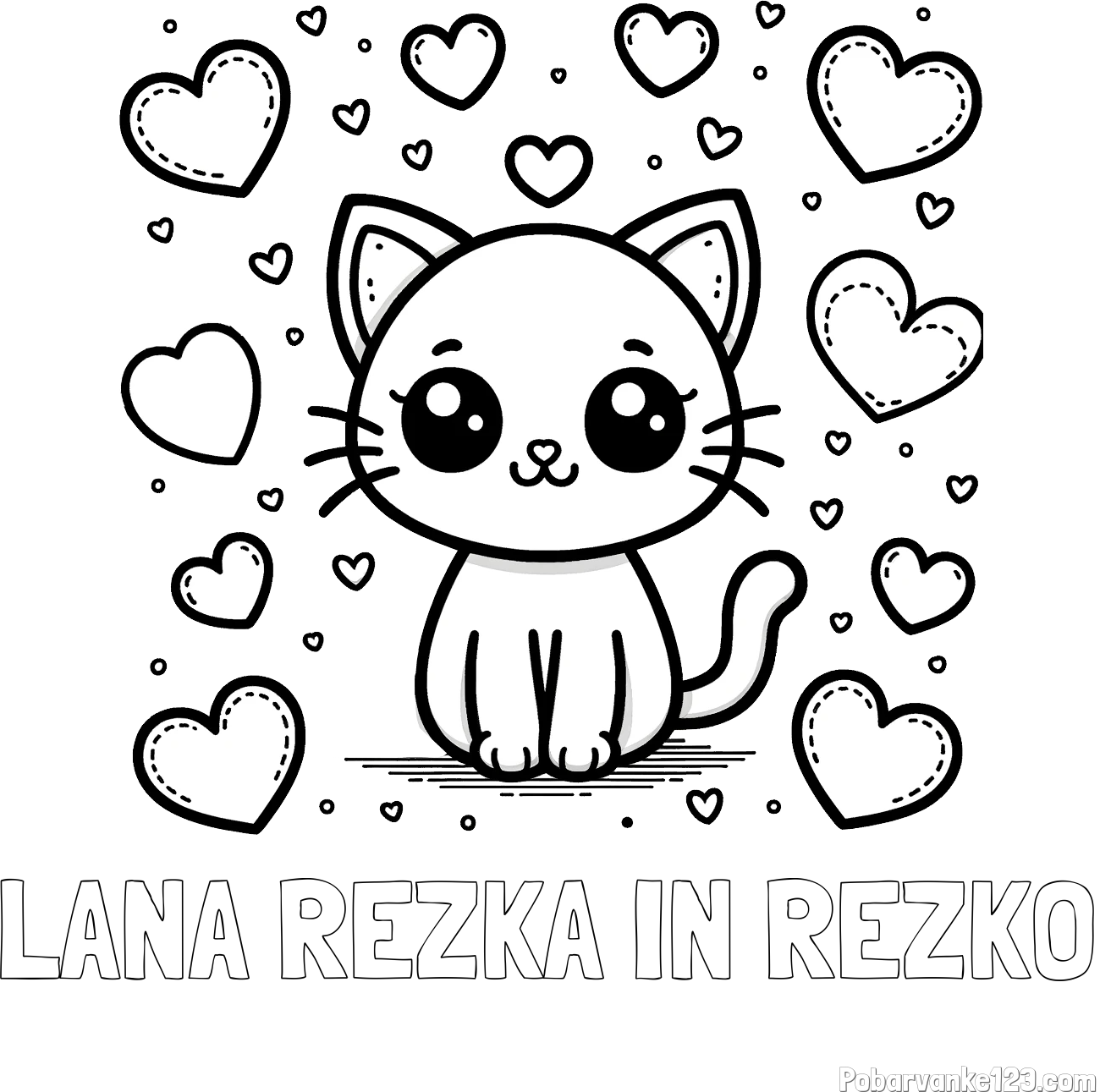 Pobarvanka imena LANA REZKA IN REZKO in pobarvanka ljubke mucke obdane z veliko srčki