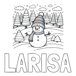 Online izdelana pobarvanka - Pobarvanka imena LARISA in pobarvanka snežaka v naravi obdanega z zasneženimi smrekami