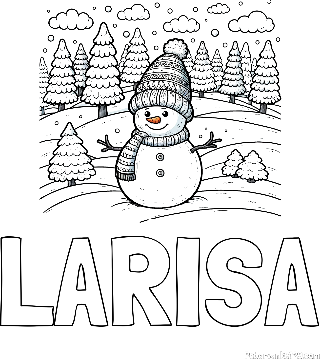 Pobarvanka imena LARISA in pobarvanka snežaka v naravi obdanega z zasneženimi smrekami