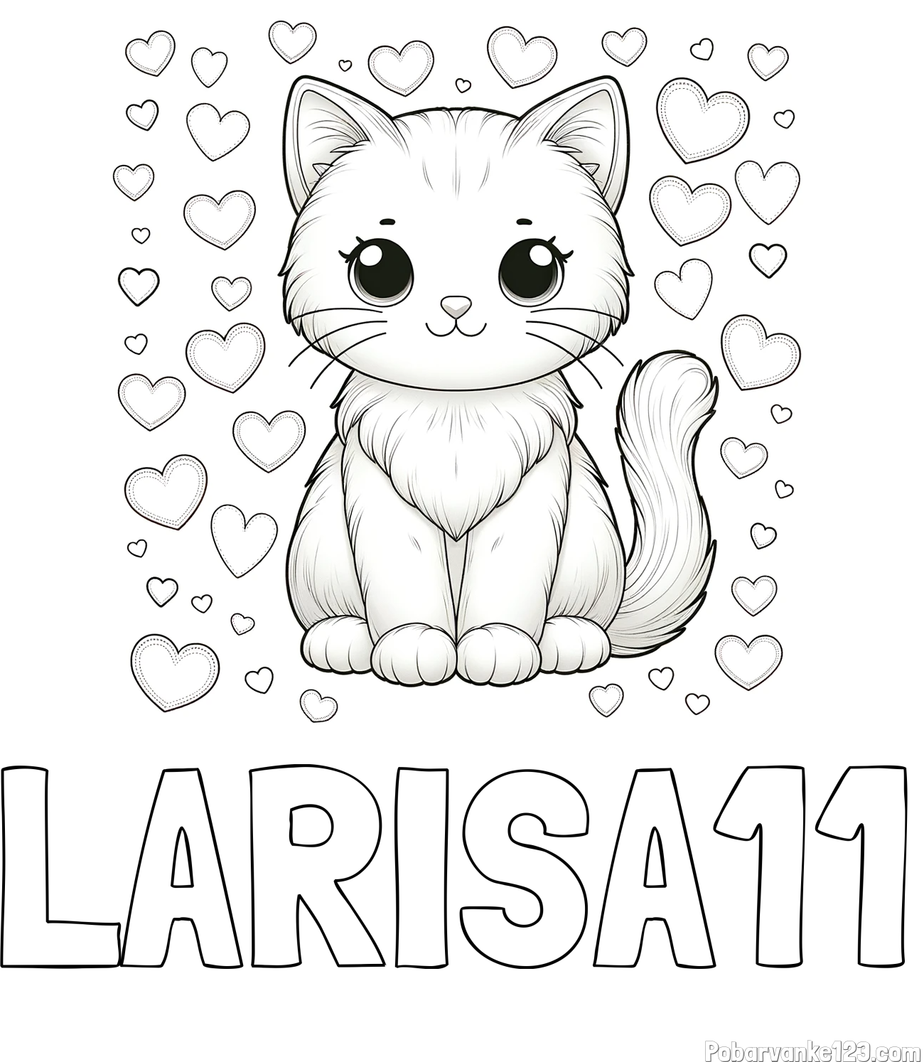 Pobarvanka imena LARISA11 in pobarvanka ljubke mucke obdane s srčki