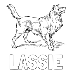 Online izdelana pobarvanka - Pobarvanka imena LASSIE in pobarvanka prikupnega in prijaznega kužka