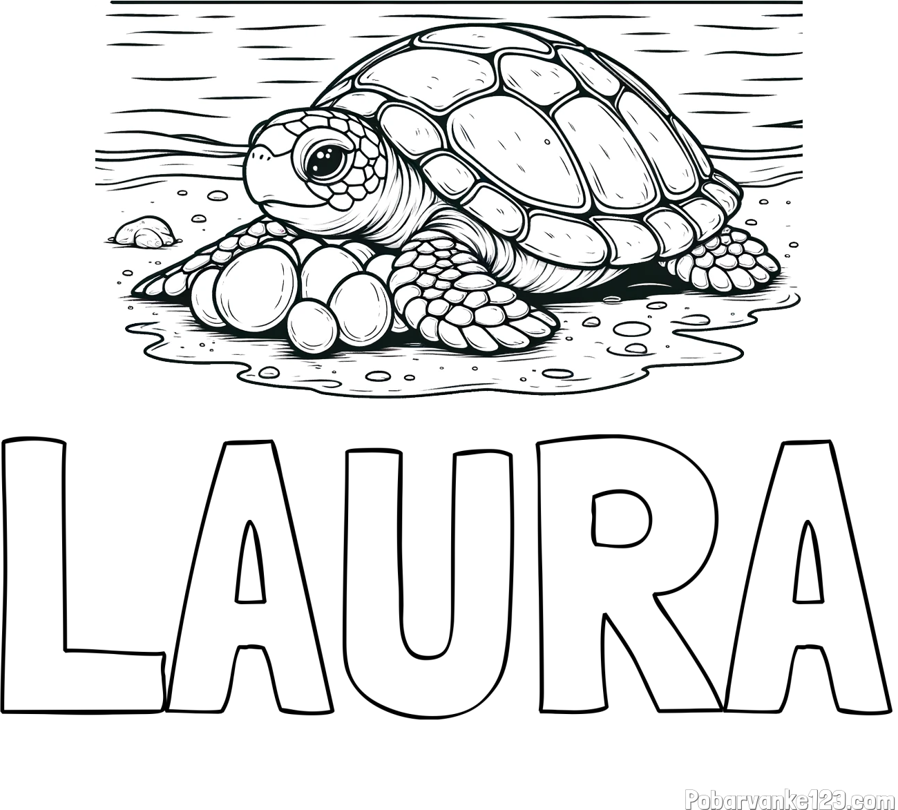 Pobarvanka imena LAURA in pobarvanka želve, ki leže jajca na obali