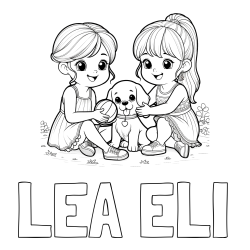 Online izdelana pobarvanka - Pobarvanka imena LEA ELI in pobarvanka prijateljic s kužkom