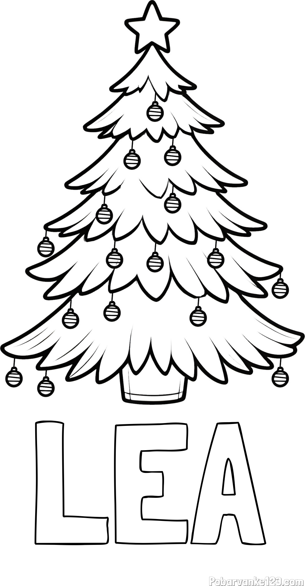 Pobarvanka imena LEA in pobarvanka božične jelke z božično zvezdico in bunkicami