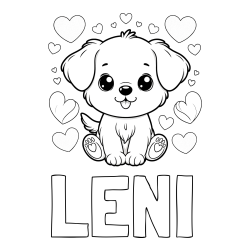 Online izdelana pobarvanka - Pobarvanka imena LENI in pobarvanka ljubkega kužka obdanega s srčki