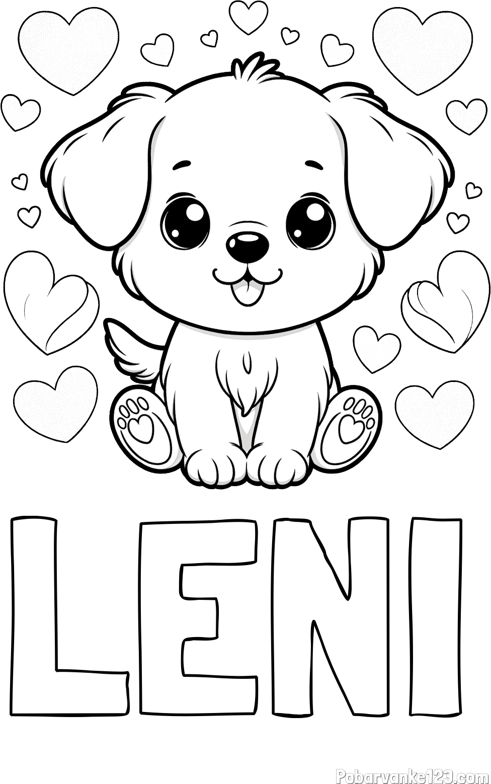 Pobarvanka imena LENI in pobarvanka ljubkega kužka obdanega s srčki