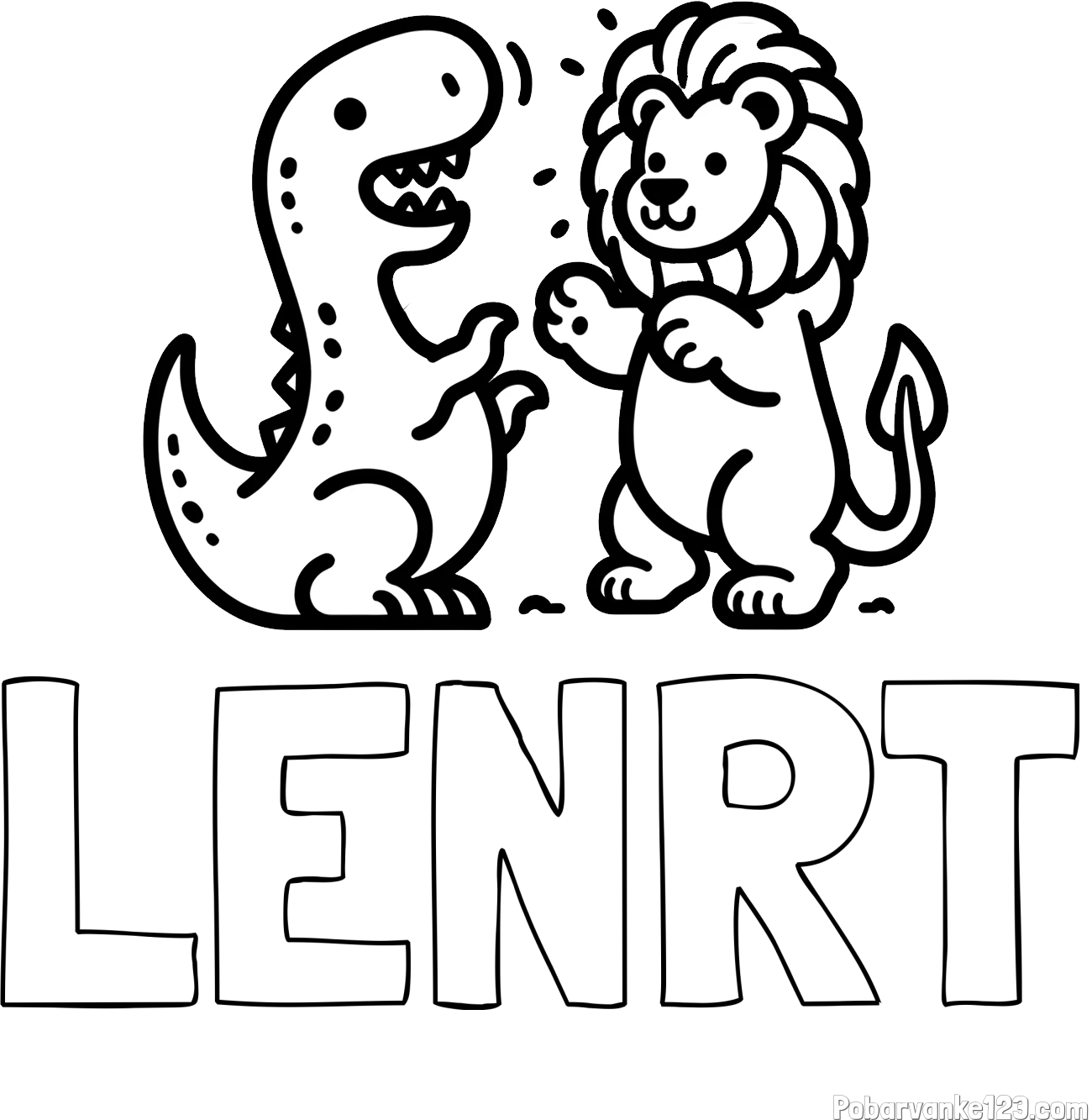 Pobarvanka imena LENRT in pobarvanka dinozavra, ki napada leva