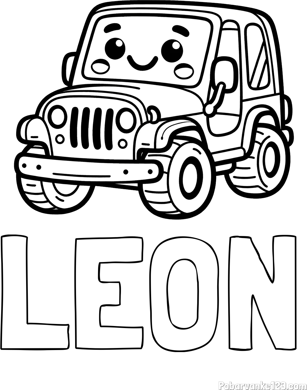 Pobarvanka imena LEON in otroška pobarvanka ljubkega džipa
