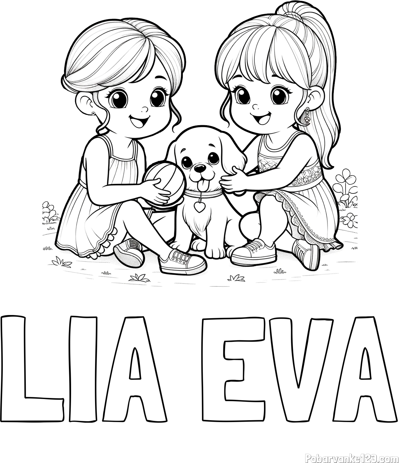 Pobarvanka imena LIA EVA in pobarvanka prijateljic s kužkom