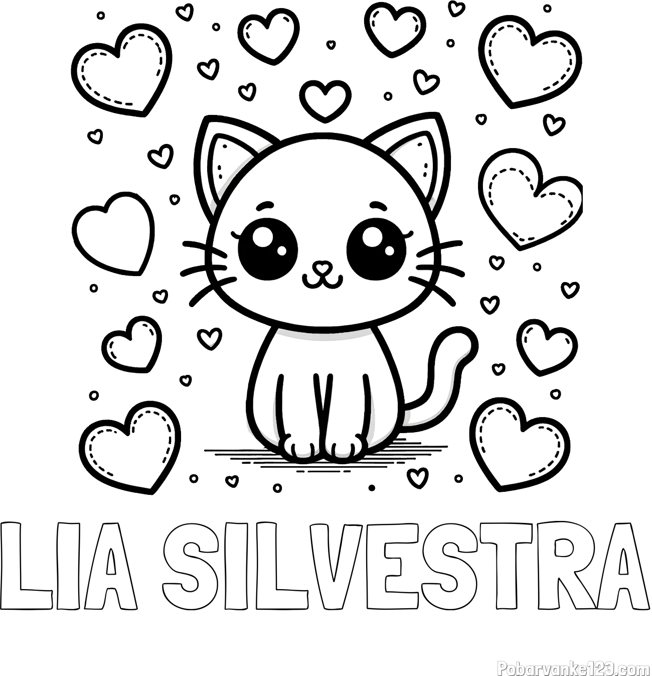 Pobarvanka imena LIA SILVESTRA in pobarvanka ljubke mucke obdane z veliko srčki